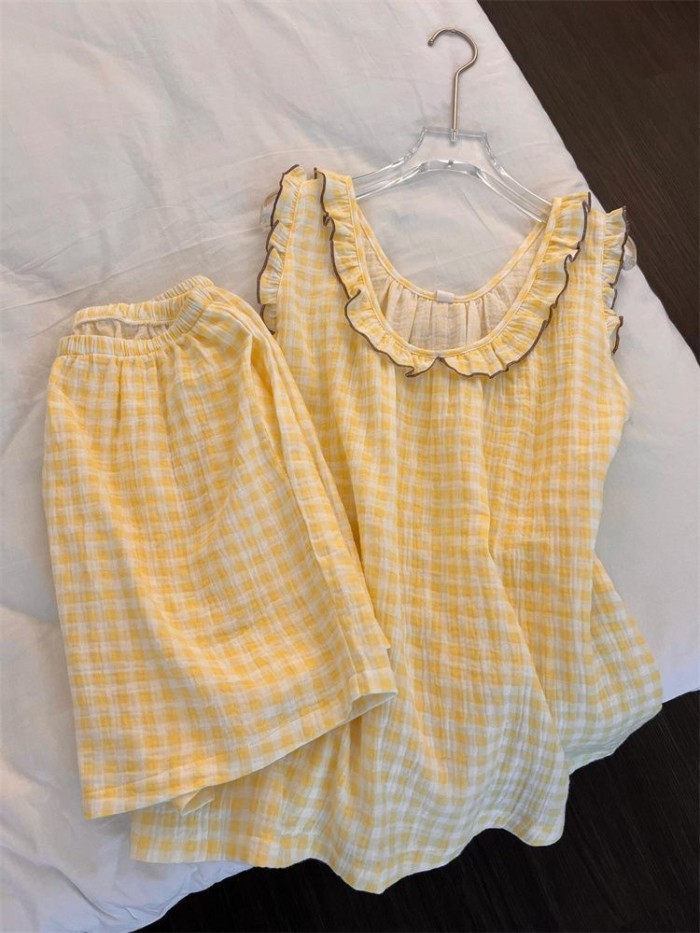 Bộ đồ ngủ phong cách Hàn Quốc dành cho nữ mùa hè thông thường ruffle quần short treo phù hợp với qu