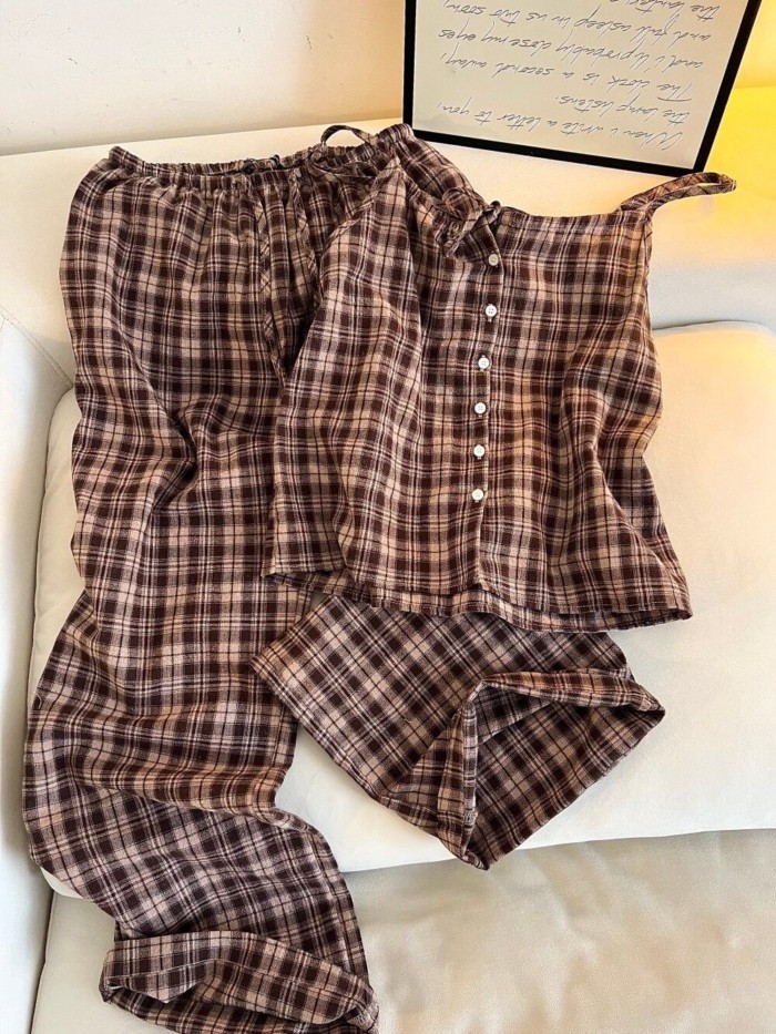 Retro Kẻ Sọc Suspender Bộ Đồ Ngủ Nữ Mùa Hè Phổ Biến Ánh Sáng Sang Trọng Và Cao Cấp Quần Áo Ở