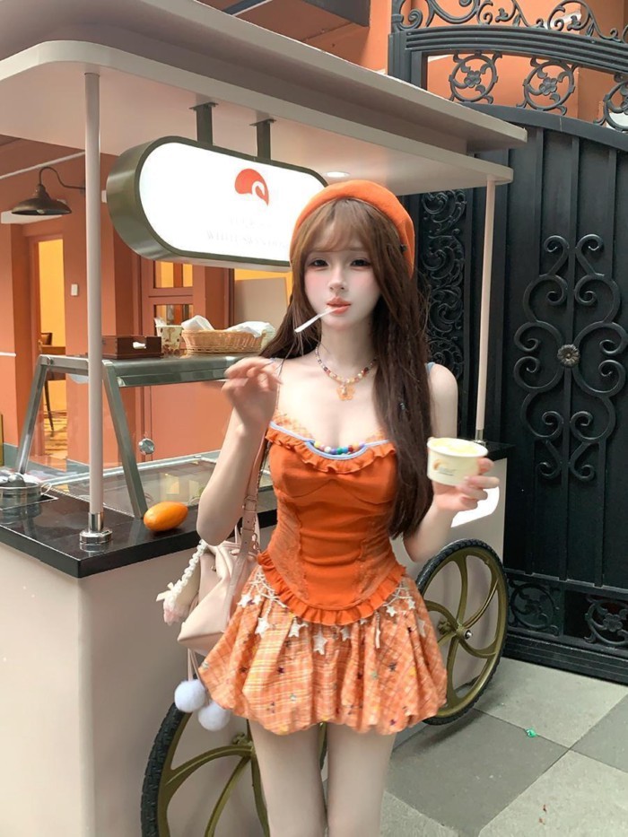 Mùa hè Dopamine Ngọt ngào Hot Girl Ren khoe váy hoa cao Váy ngắn dành cho nữ
