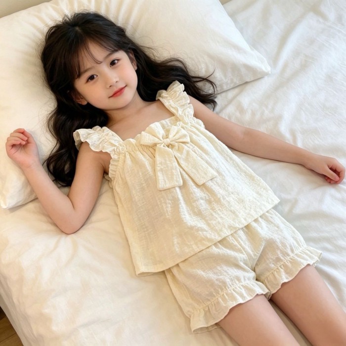 Bộ Đồ Ngủ Trẻ Em Dây Treo Mùa Hè Bé Gái Nơ Phong Cách Hàn Quốc Phong Cách Công Chúa Dễ Thương