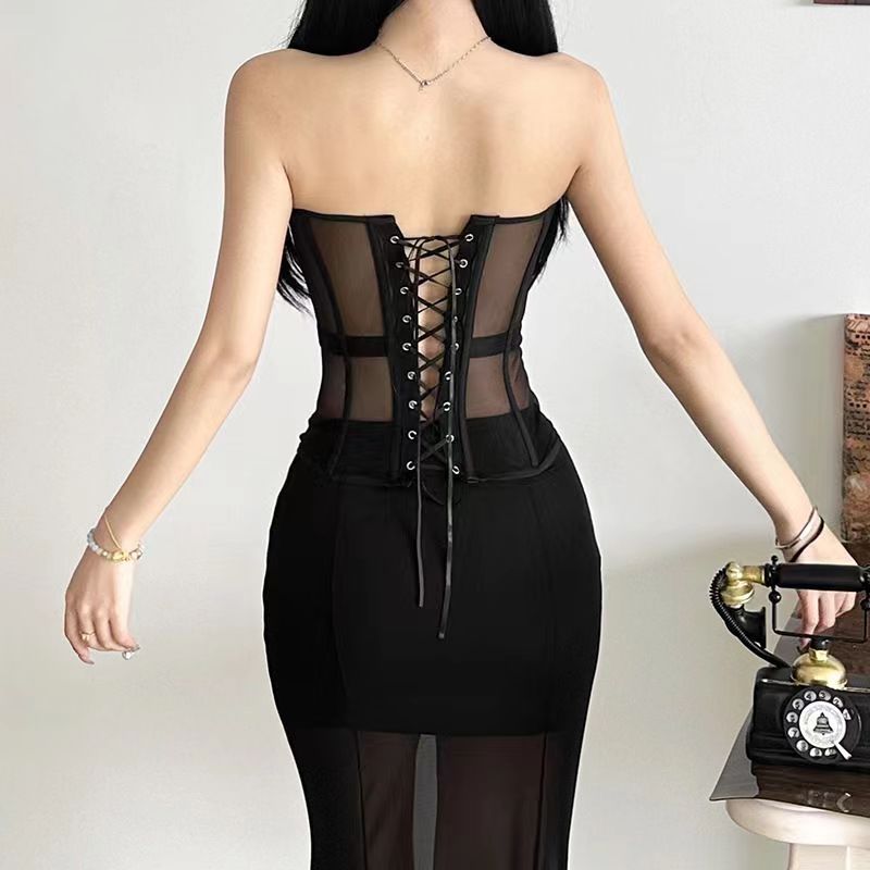 Gạc đen Khâu xuyên thấu ống Áo Vest mỏng hơn độc đáo Nhìn Fi