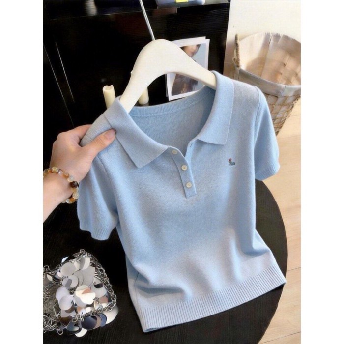 Áo sơ mi polo thêu nửa ngực màu xanh da trời Áo thun ngắn tay dành cho nữ Áo thun đa năng thô