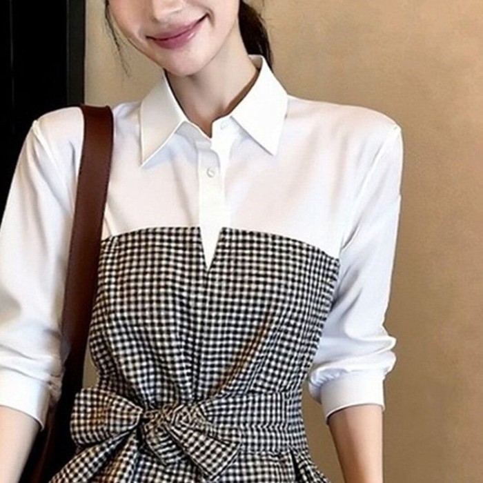 áo dây thắt lưng đi làm đầu xuân áo sơ mi giả hai mảnh cao cấp độc đáo và đẹp mắt dành cho nữ