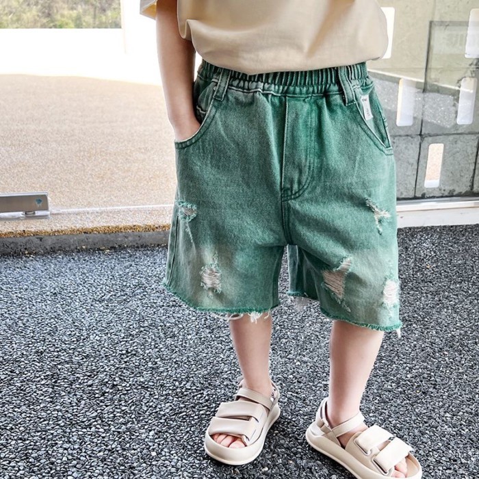 Quần short denim rách mùa hè cho bé trai, mỏng, hợp thời trang, đa năng, quần lửng giản dị, q