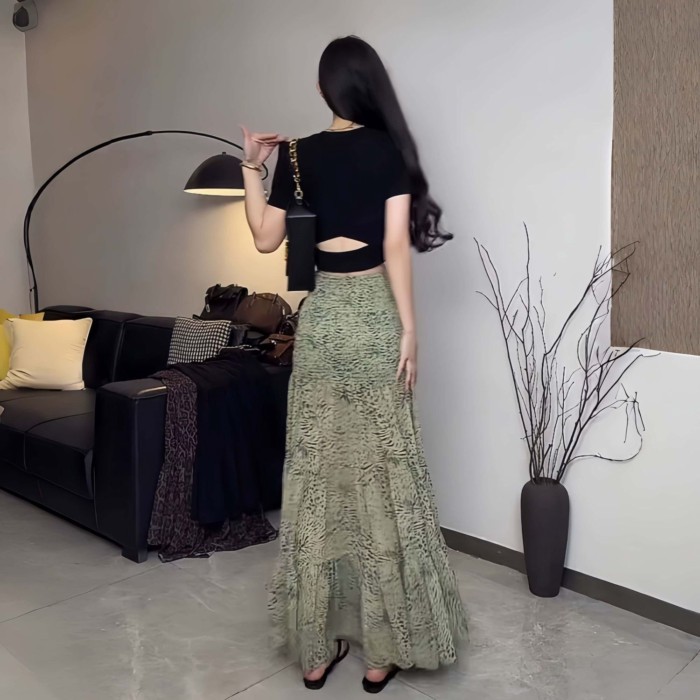 Váy chữ A dáng ôm thời trang retro mùa xuân hè mới váy voan lưng cao in họa tiết da báo ôm sát h