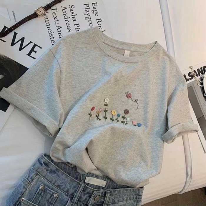 Áo sơ mi ngắn tay màu xám dành cho nữ phong cách Hàn Quốc dáng rộng giản dị Áo thun cotton in