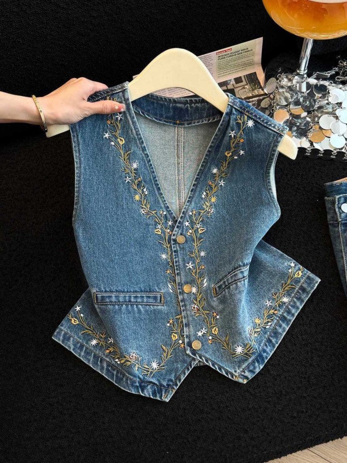 Lan - Áo Khoác Denim Thêu Cho Nữ, Phong Cách Châu Âu Retro Công Nghiệp