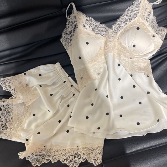 Sữa Ngọt Ngào Và Thoải Mái Mới Bộ Đồ Ngủ Chấm Bi Suspender Ren Sweet Home Bộ Quần Áo Có Miếng