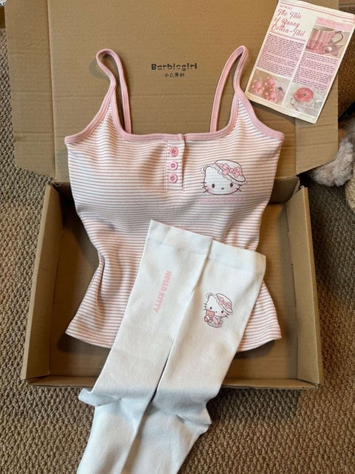 Sweet Hello Kitty treo đồ ngủ cho nữ mùa hè mới sọc hồng áo vest quần short mặc nhà có miếng