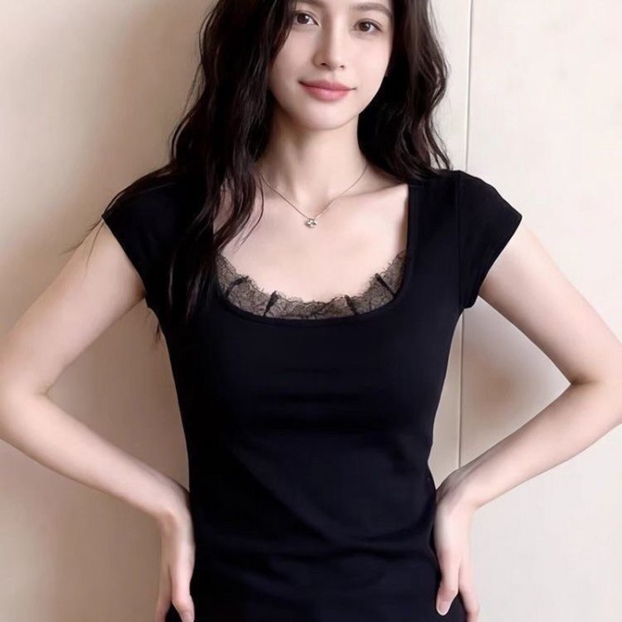 Áo ghi lê ren cổ vuông màu đen Áo thun không tay niche hàng đầu giảm béo vận chuyển