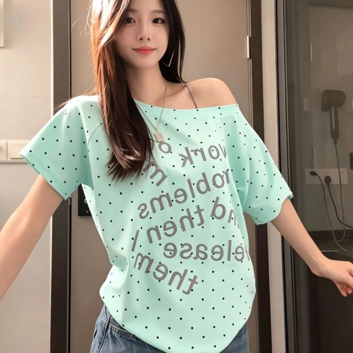 Áo thun nữ tay ngắn in chữ chấm bi  dành cho nữ, lệch vai sóng một vai lệch vai mùa hè theo ph