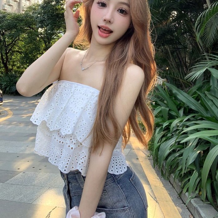 Áo kiểu tây đẹp cho nữ, vest quây mùa hè, áo ngoài quấn ngực thêu rỗng phong cách ngày lễ