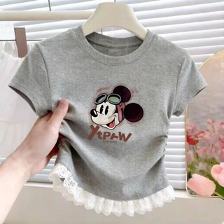 Áo ren nối mùa hè cho bé gái phong cách Hàn Quốc tay ngắn in hoạt hình thiết kế xếp ly dáng ôm vừa
