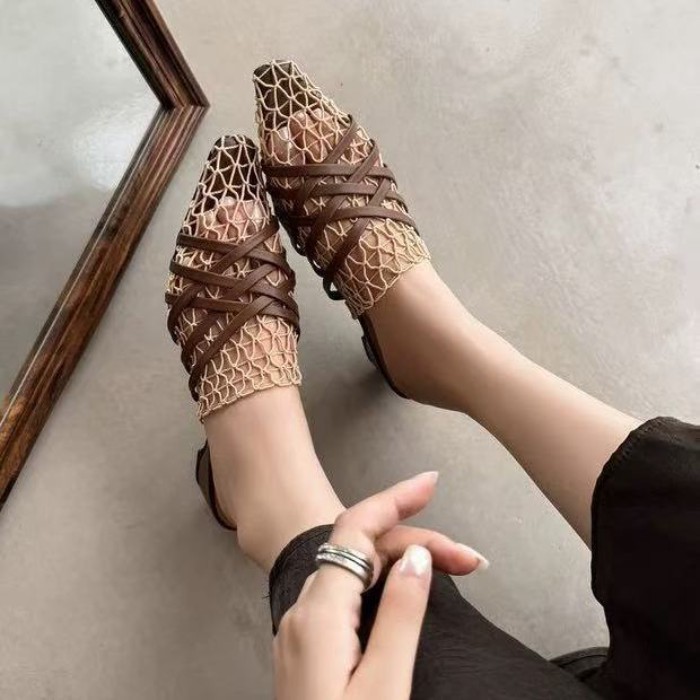 Dệt Rỗng Bao Đầu Dép Nữ Mùa Hè Mới Gót Dày Một Bước Tăng Bao Đầu Giày Sandal Phong Cách Resor
