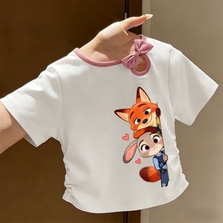 Áo thun Zootopia Judy dành cho trẻ em và trung niên phong cách mùa hè bé gái nơ ngắn tay phong cách