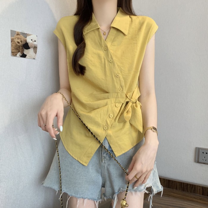 dây đai siết eo, sơ mi ngắn tay thời trang, giảm béo mới mùa hè, áo đơn giản, đa năng