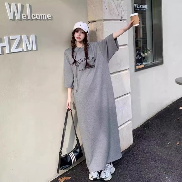 Đầm over-the-knee cực dài chất liệu áo thun ngắn tay thời trang cho mùa hè, phong cách lười thường ngày