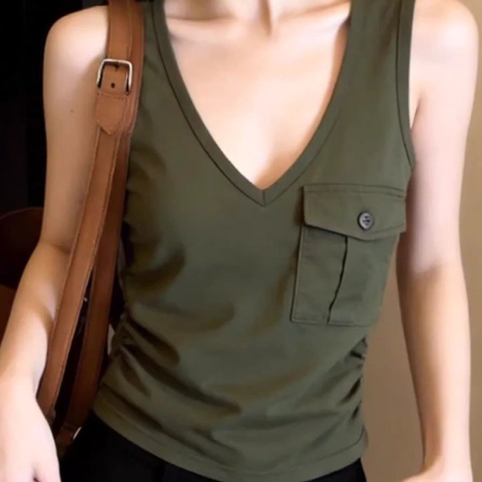 Lan ~ Phong Cách Hàn Quốc Thiết Kế Bỏ Túi Cảm Giác Áo Vest Nữ Mùa Hè Phong Cách Mới Hot Girl Phong Cách Chặt Tay Nẹp Không Tay Đệm Ngực