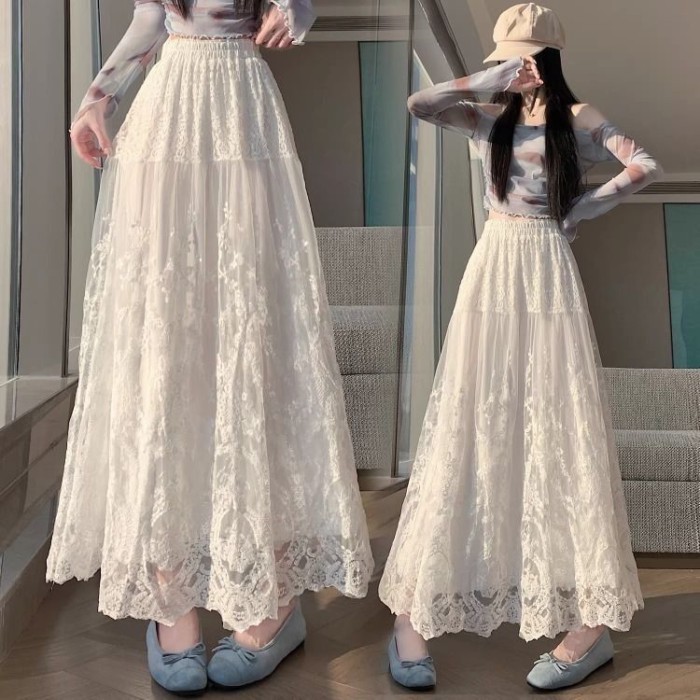 Váy ren lưới màu trắng kiểu Pháp mùa hè mới váy cạp cao giảm béo dài vừa dành cho nữ