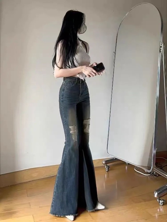 Lan ~ American Retro Hot Girl Rách Hơi Rách Quần Jean Nữ Xuân Thu Phong Cách Mới Cao Cấp Ôm Ôm Hơn Nhìn Rộng Chân Hồ