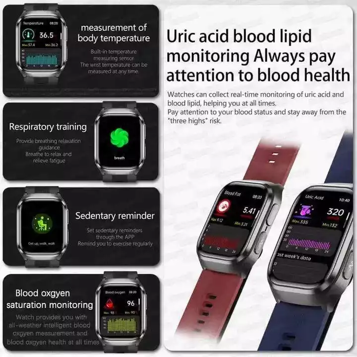 Đồng hồ thông minh sức khỏe mới 2026 ECG+PPG Đo axit uric, mỡ máu, đo huyết áp, phát giọng nói, thể thao, gọi HD qua BT – 4