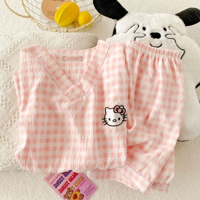 Bộ Đồ Ngủ Trẻ Em Nữ Mùa Hè Đám Mây Mỏng Cotton Dễ Thương Mèo KT Điều Hòa Không Khí Phù Hợp Vớ