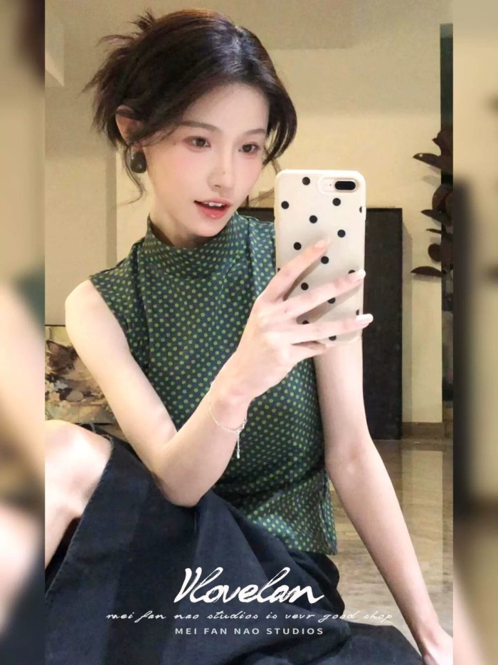 Lan ~ Retro Chấm Bi In Hình Nửa Cổ Rùa Áo Vest Không Tay Nữ Mùa Hè Tính Khí Slim-fit Ôm Hơn Nhìn Đi Lại Top
