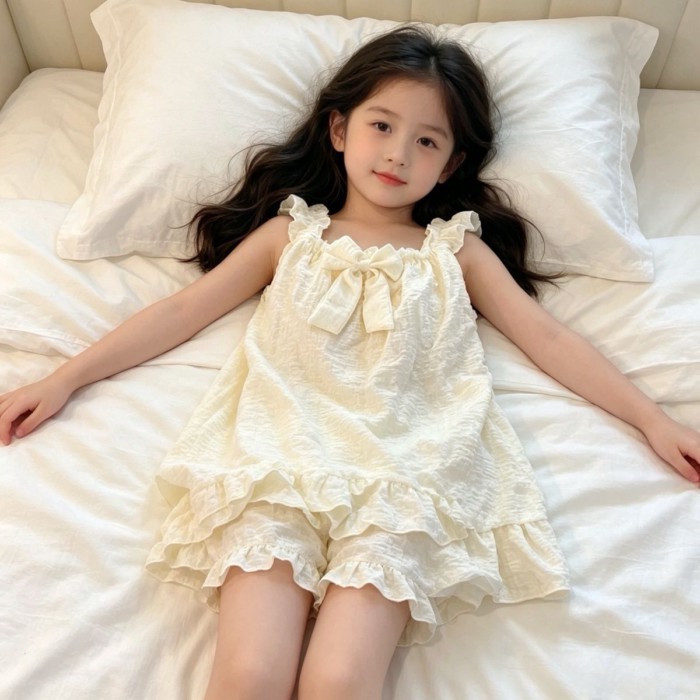 Bộ Đồ Ngủ Trẻ Em Dây Treo Mùa Hè Bé Gái Nơ Phong Cách Hàn Quốc Phong Cách Công Chúa Dễ Thương