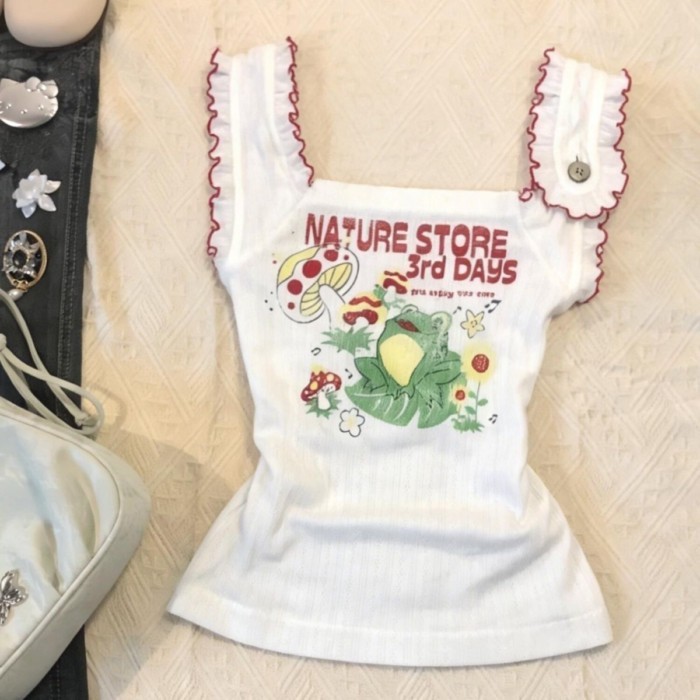 Mỹ Retro nhỏ bay tay áo vest thiên niên kỷ ngọt ngào hottie y2k màu sắc tương phản trẻ con in