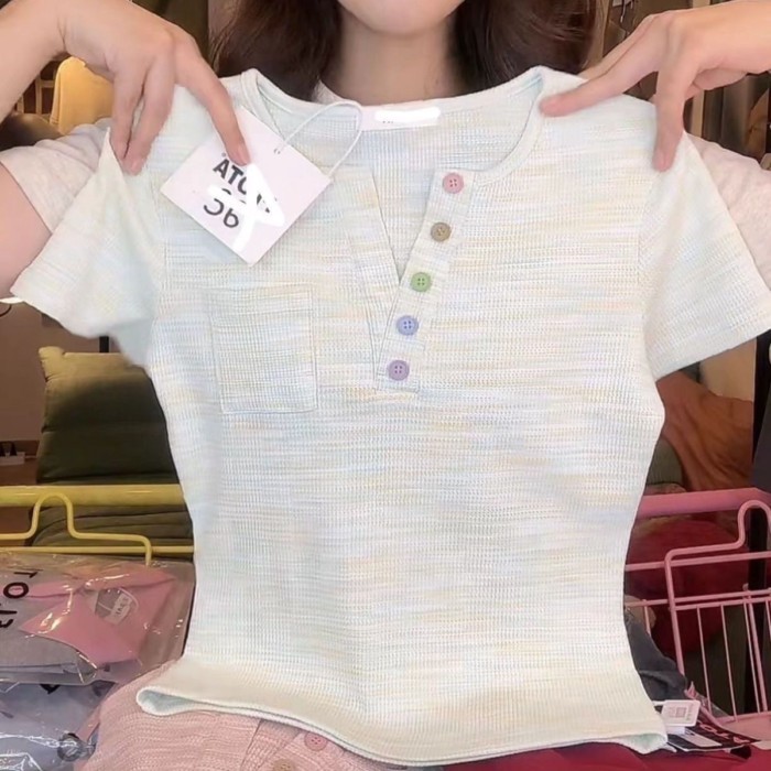 Nút màu Dopamine Hàn Quốc Sọc Slim Tay áo ngắn Slim Sweet Girl Áo thun ngắn Top Ins