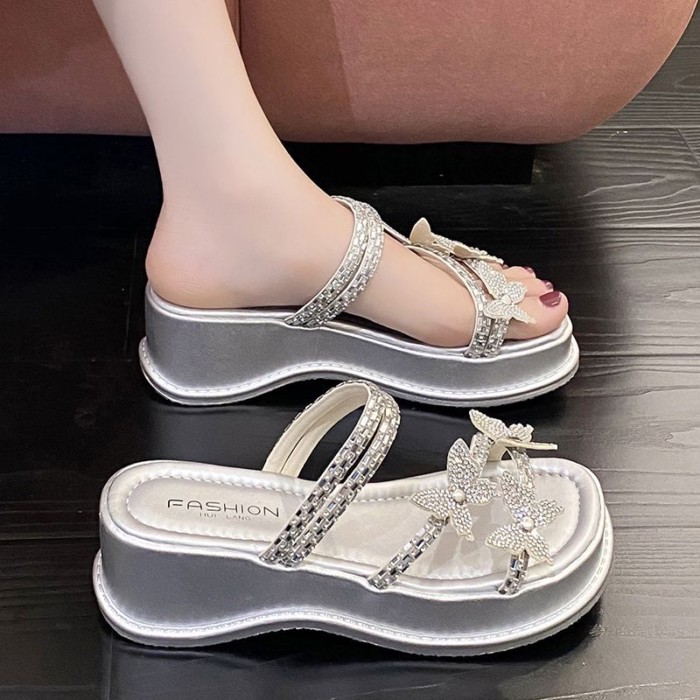 đôi dép đế dày đế dày màu bạc cao cấp hình cánh bướm đính kim cương giả dành cho nữ mặc mùa hè b