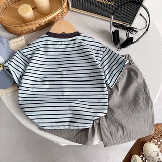 Bộ đồ mùa hè bé trai trẻ em sọc cún con vá áo thun quần short bộ hai món thời trang cho bé