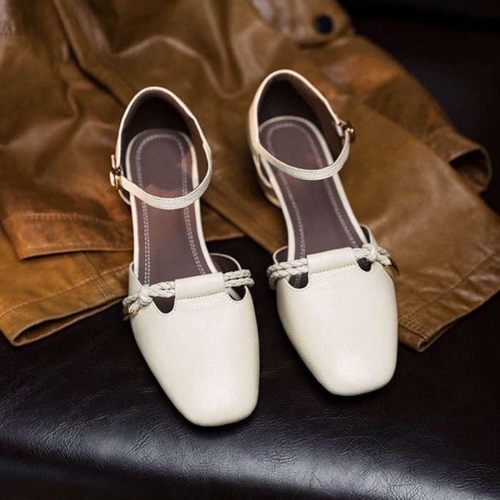 Giày sandal mũi nhọn da mềm cổ tích mùa hè dành cho nữ, phong cách cổ điển thoải mái, thời trang và