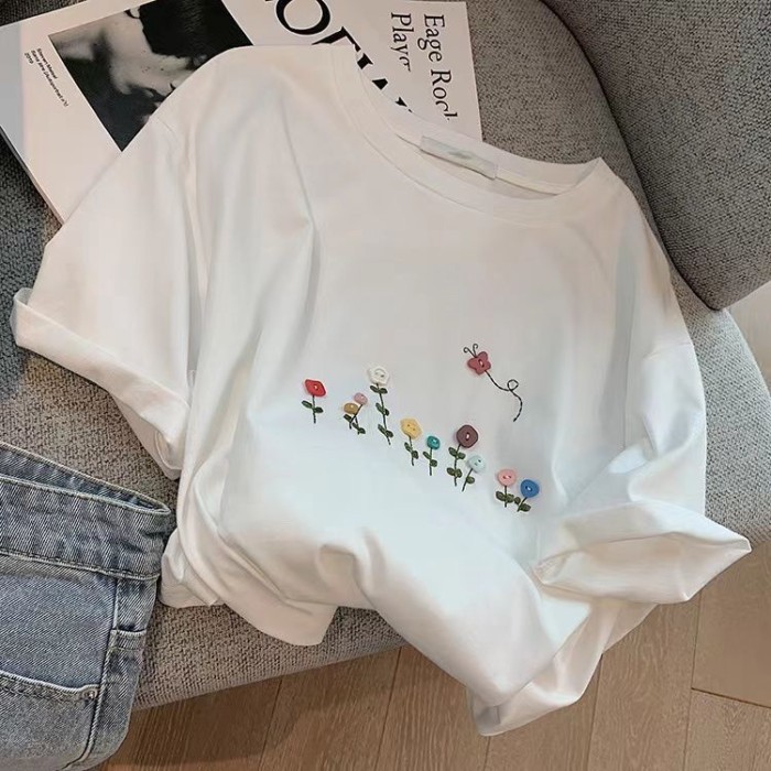 Áo sơ mi ngắn tay màu xám dành cho nữ phong cách Hàn Quốc dáng rộng giản dị Áo thun cotton in