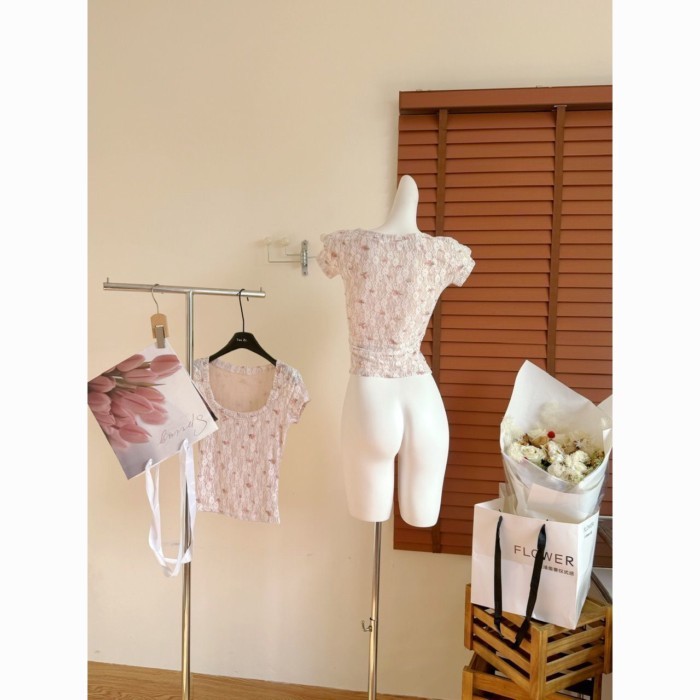 Nguyên Chất Desire Cổ Vuông Phối Ren Áo Thun Nữ Tay Ngắn Nữ Pháp Slim Fit Mỏng Tính Khí Nguyê