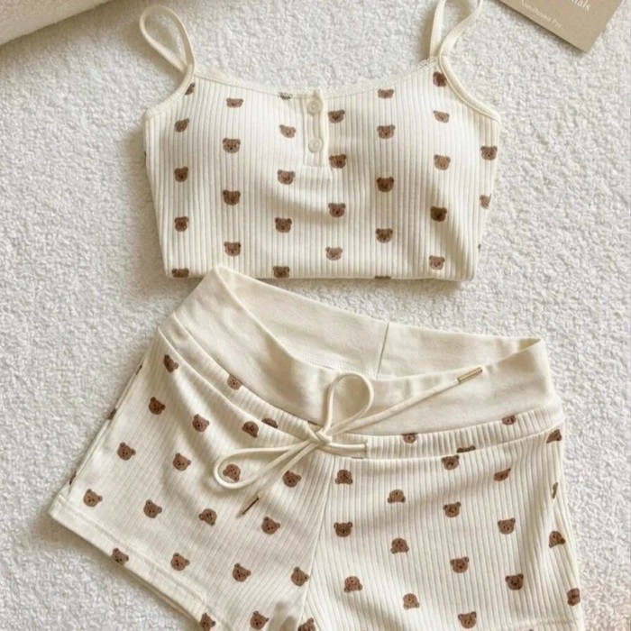 Bộ đồ ngủ cho nữ mùa hè in hình có đệm ngực màu hồng treo Bộ đồ ngủ cho nữ mùa hè thuần khiết