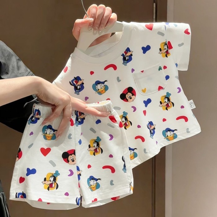 Quần áo mặc nhà mùa hè mới cho bé trai và bé gái, quần ngắn tay in hoạt hình, đồ ngủ, bộ đồ đ