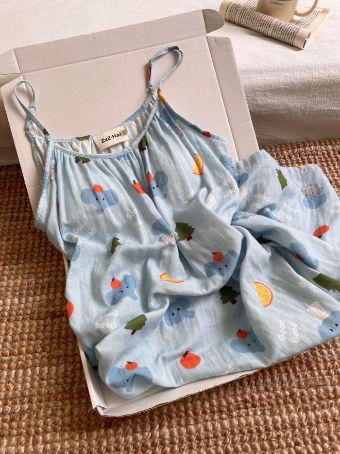 Cô gái dễ thương hoạt hình voi xanh treo váy ngủ mùa hè ngọt ngào kiểu công chúa váy mặc ở nh