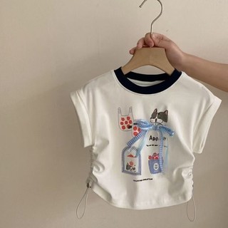 Bé gái mùa hè tay ngắn thời trang mùa hè trẻ em bé gái cổ tròn đa năng áo hoạt hình mùa hè