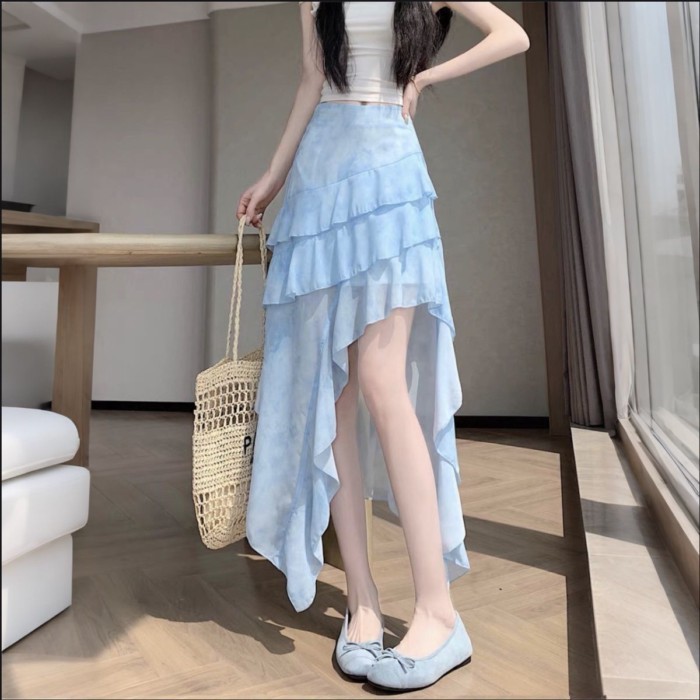 Váy váy buộc dây không đều màu cho nữ mùa hè kiểu dáng mới xù lưới váy chữ A dài ngang hông