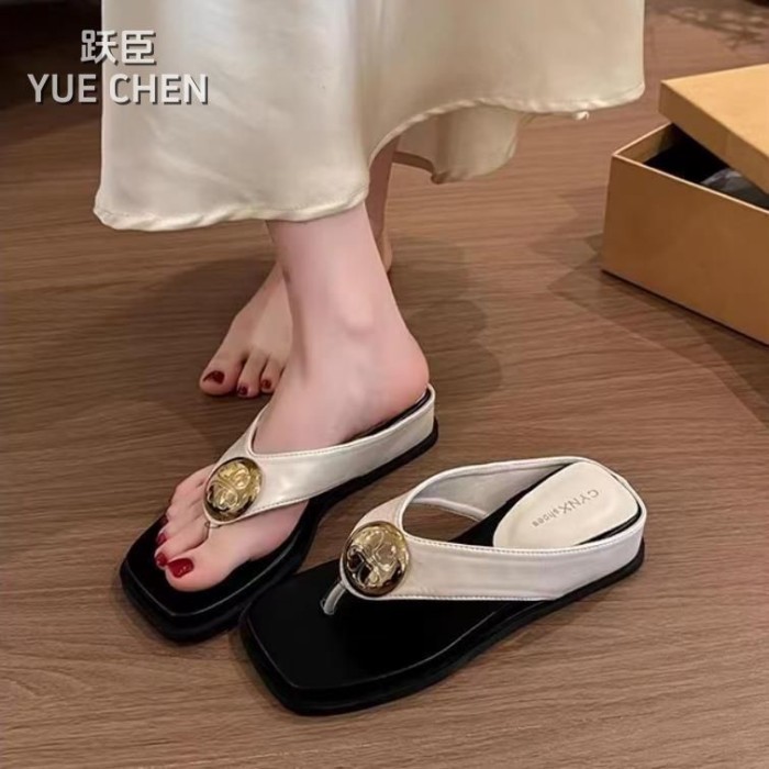 Lan ~ Pháp Retro Khóa Kim Loại Nêm Gót Chân Flip-Flops Nữ Mùa Hè Phong Cách Mới Bên Ngoài Mặc Thường Ngày Dép Chống Trơn Trượt Dép