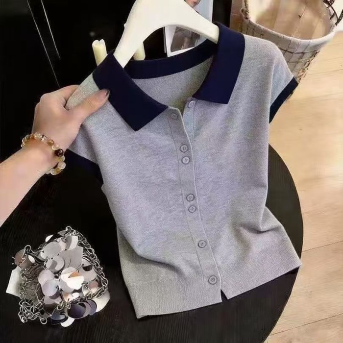 màu sắc tương phản thích hợp áo thun ngắn tay có ve áo dành cho nữ mùa hè phong cách mới tay áo