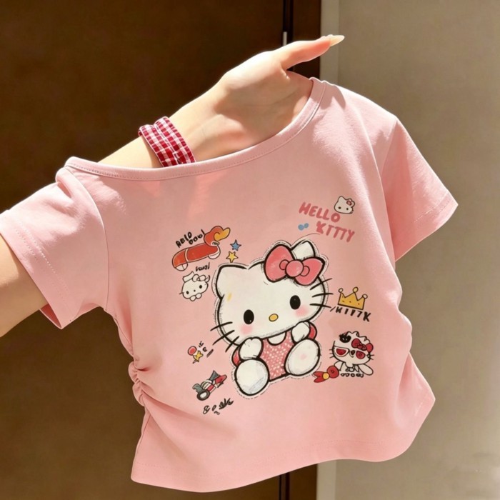 bé gái mới phong cách mùa hè cotton hoạt hình mèo dễ thương vai dốc ngắn tay trẻ em phong cách c