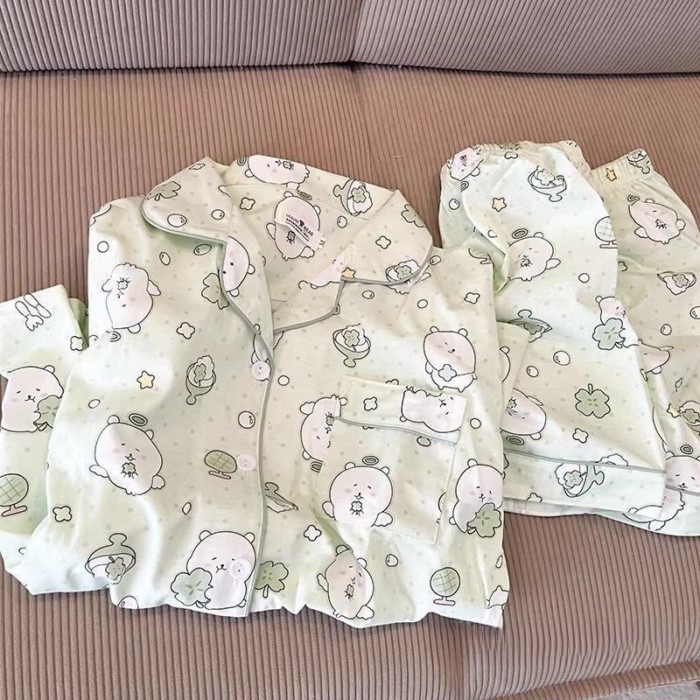 Yunduo cotton trong cỏ gió Bộ đồ ngủ màu xanh lá cây tươi sáng của phụ nữ quần short ngắn tay
