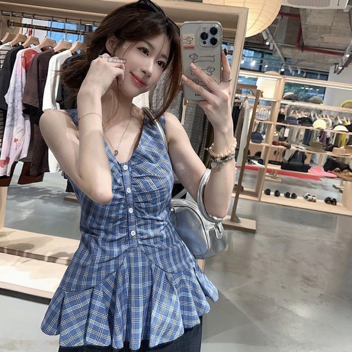 Áo vest kẻ sọc xanh cho nữ mùa hè phong cách mới Cổ chữ V kiểu Pháp thuần khiết ham muốn phon