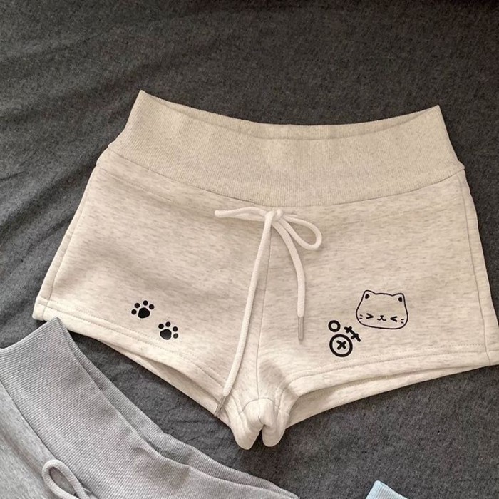 Quần short thể thao nữ in hình mèo, phù hợp mùa hè, dáng slim-fit