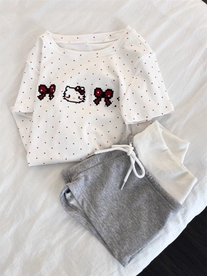 Kitty Bộ đồ ngủ ngắn tay in họa tiết chấm bi màu đỏ dành cho nữ mùa hè Áo thun ngắn tay có thể