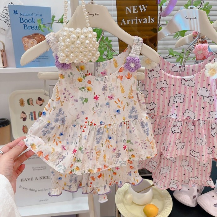 Suspender Bộ đồ ngắn lưng trái tim hoa in hình mùa hè Phim hoạt hình bé gái