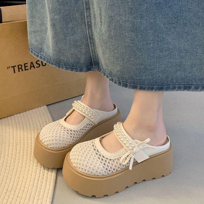 Giày Birkenstock đế dày dành cho người nhỏ nhắn, dép lê nửa trượt bằng lưới kiểu dáng bánh mì thông