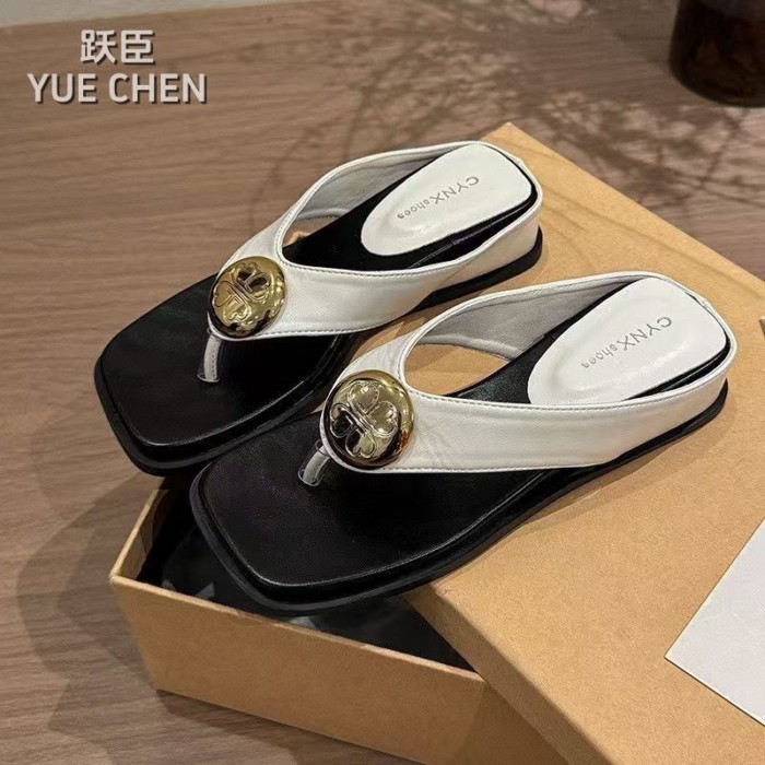 Lan ~ Pháp Retro Khóa Kim Loại Nêm Gót Chân Flip-Flops Nữ Mùa Hè Phong Cách Mới Bên Ngoài Mặc Thường Ngày Dép Chống Trơn Trượt Dép